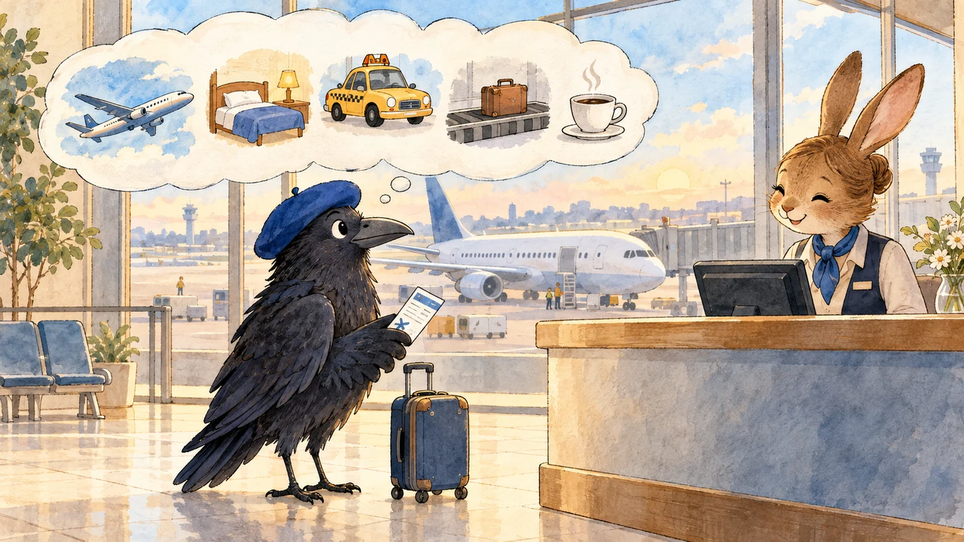 Aquarellzeichnung: Ein Rabe mit blauer Baskenmütze steht mit einem Koffer am Check-in-Schalter am Flughafen und hält ein Ticket im Flügel, über ihm eine Wolke mit Piktogrammen von Flugzeug, Hotelbett, Taxi, Koffer auf dem Band und einer Tasse Kaffee