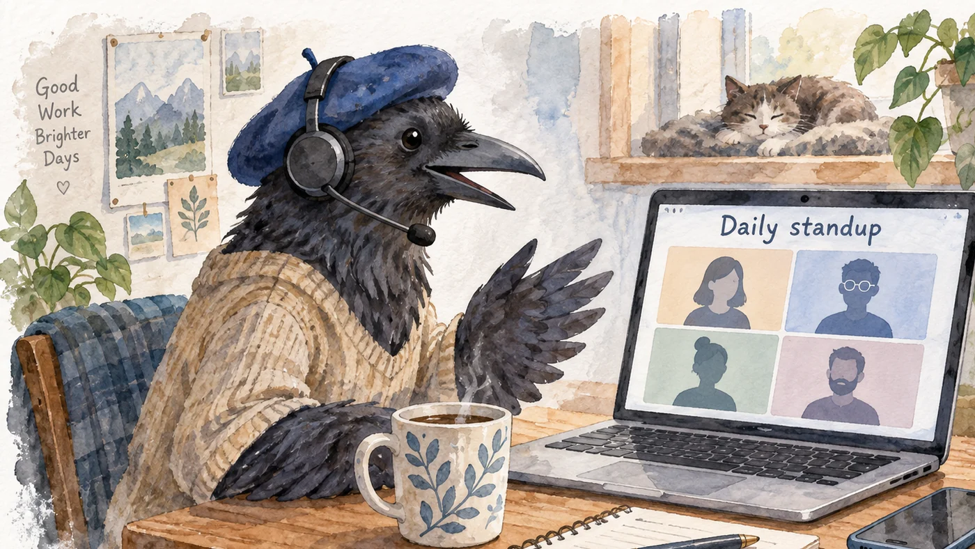 Aquarellzeichnung: Ein Rabe mit blauem Barett und Kopfhörern mit Mikrofon sitzt an einem Schreibtisch, vor ihm ein Laptop mit einem Videoanruf von vier Teilnehmern und der Beschriftung „Daily Standup“, daneben eine Tasse und ein Notizbuch