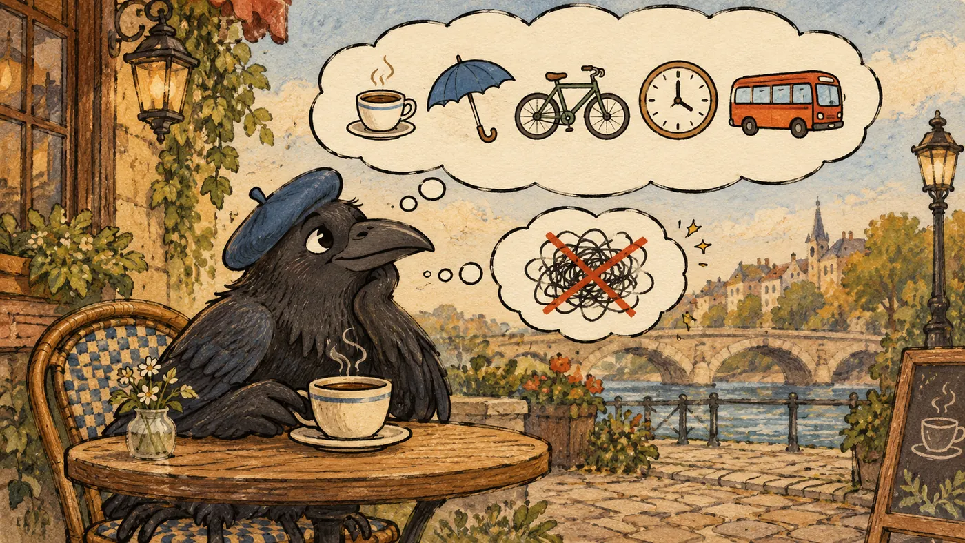 Bild: Ein Rabe mit blauer Baskenmütze sitzt an einem Cafétisch mit einer Tasse Kaffee, über ihm eine Gedankenwolke aus Piktogrammen – Tasse, Regenschirm, Fahrrad, Uhr und Bus – und daneben eine durchgestrichene Wolke aus Kritzeleien