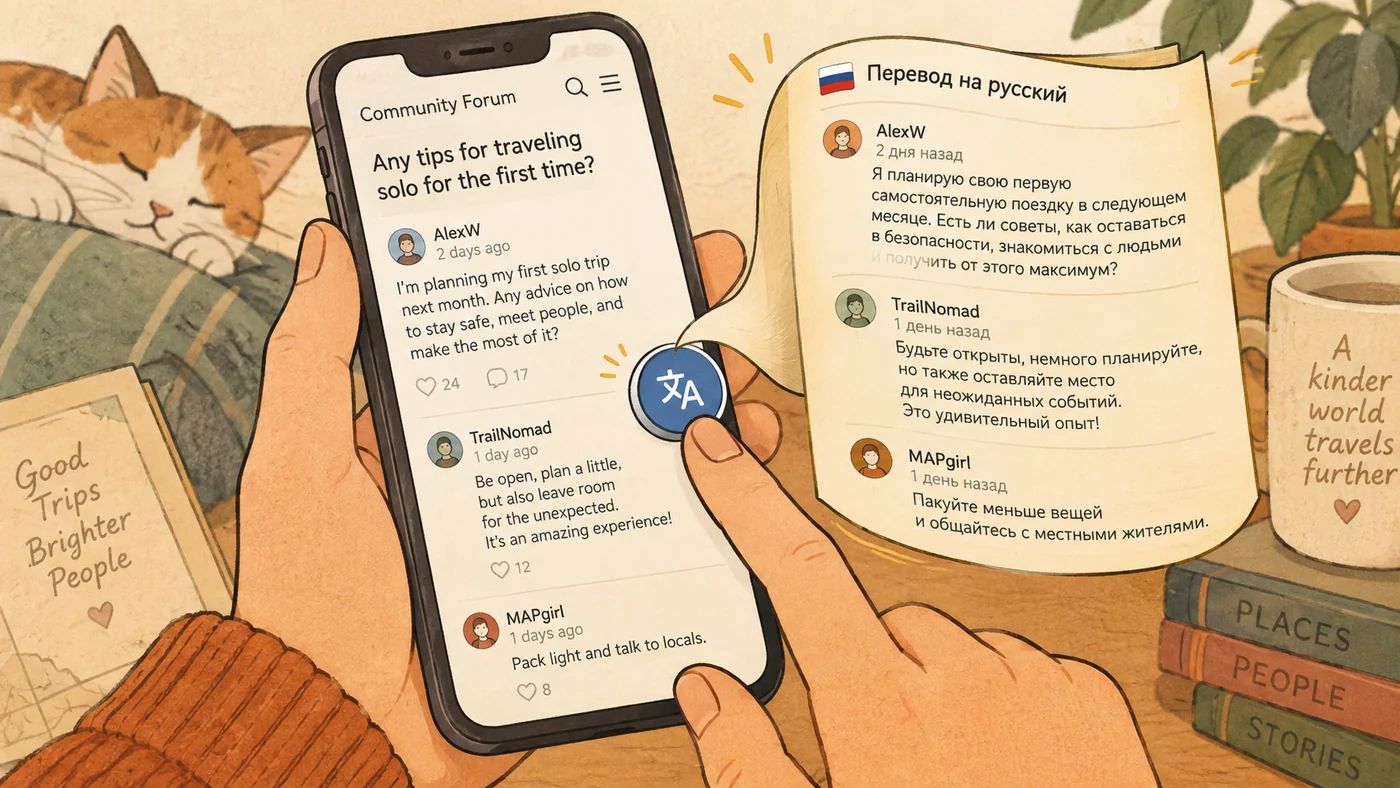 Illustration: Ein Telefon in den Händen mit einem englischsprachigen Forum-Thread, eine runde Übersetzungsschaltfläche über dem Bildschirm, und daneben entfaltet sich ein Blatt mit denselben Repliken auf Russisch