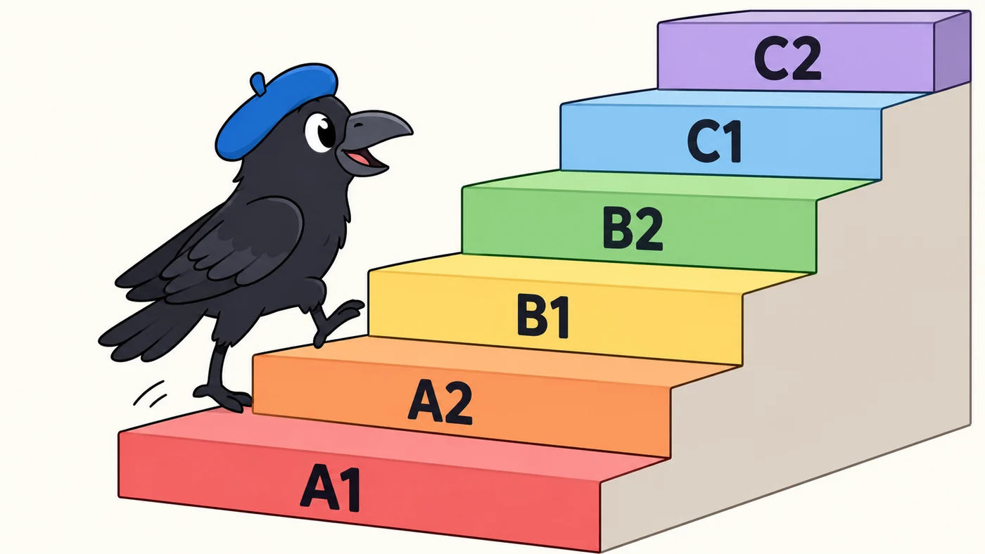 Illustration: Eine Krähe mit blauer Baskenmütze steigt eine bunte Treppe hinauf, deren Stufen mit A1, A2, B1, B2, C1 und C2 beschriftet sind