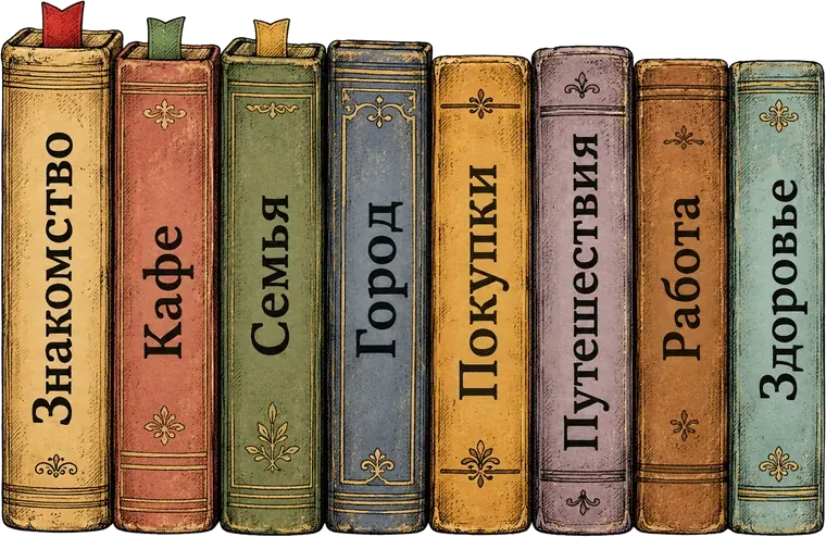 Acht Bücher: Kennenlernen, Café, Familie, Stadt, Einkaufen, Reisen, Arbeit, Gesundheit