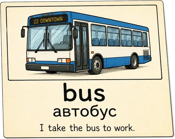 Wortkarte für „bus“ – Bus mit Bild und Beispiel