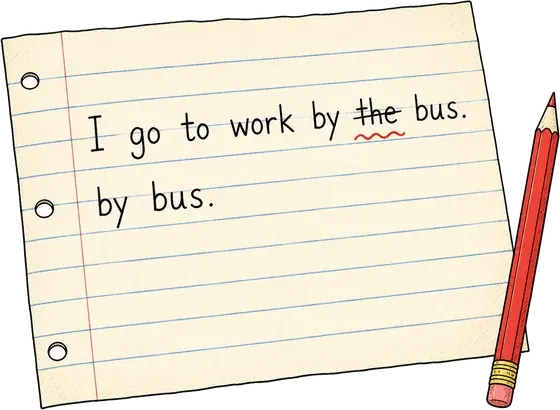I go to work by the bus — das Wort „the“ ist durchgestrichen, darunter „by bus“
